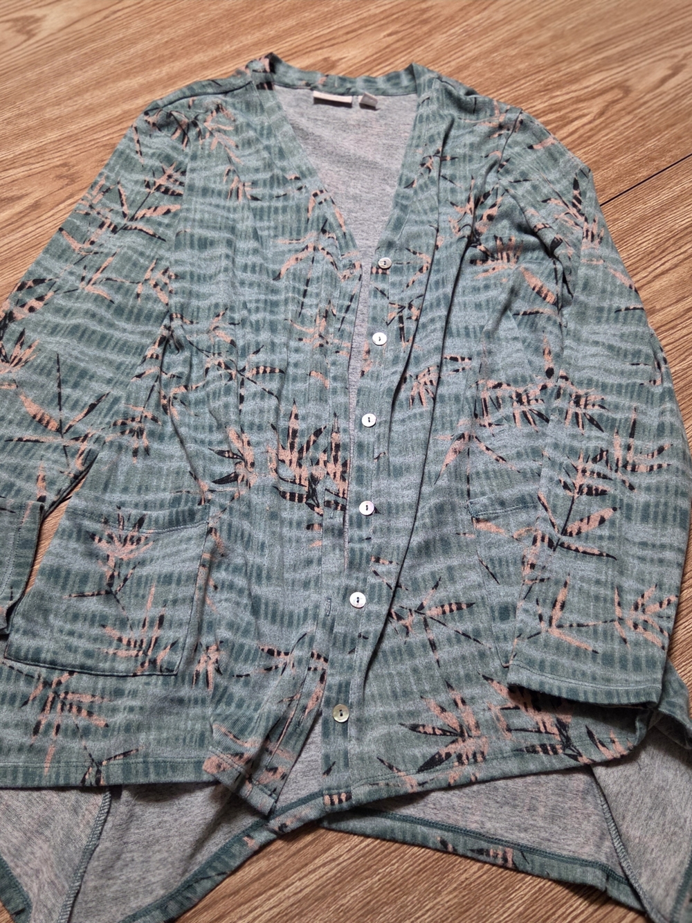 LOGO by Lori Goldstein Teal Printed Button-Up Cardigan